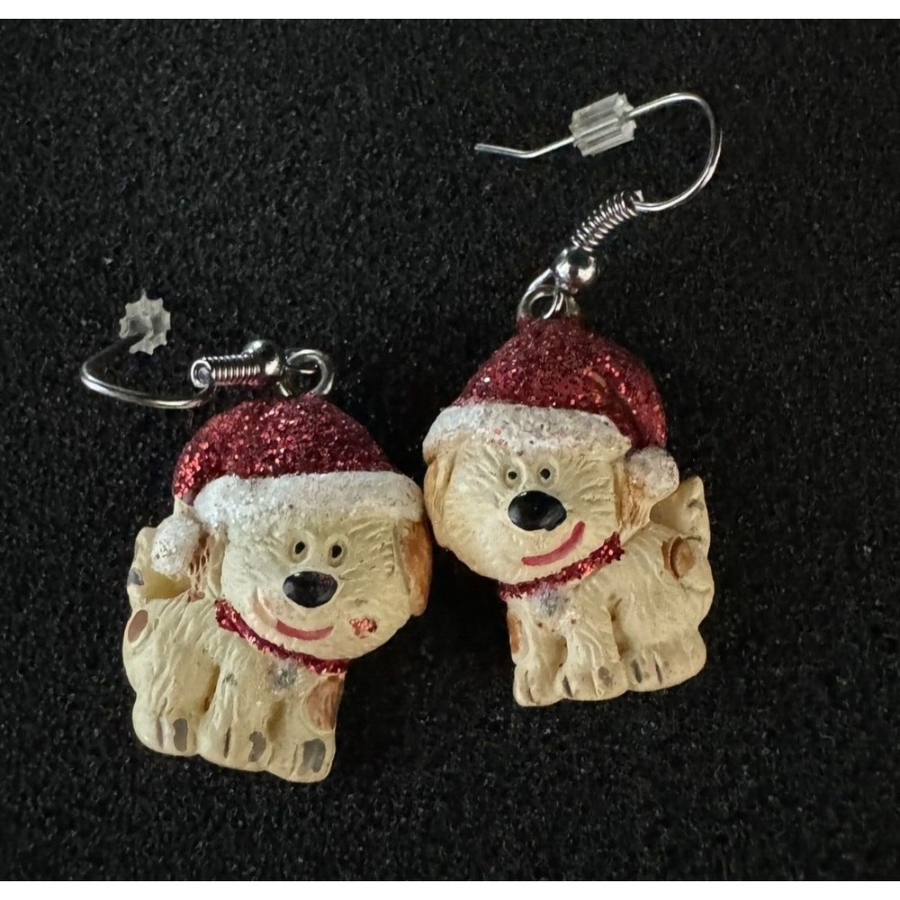 Christmas Pup Dog Earrings Santa Hat Dangle Pierced Ears